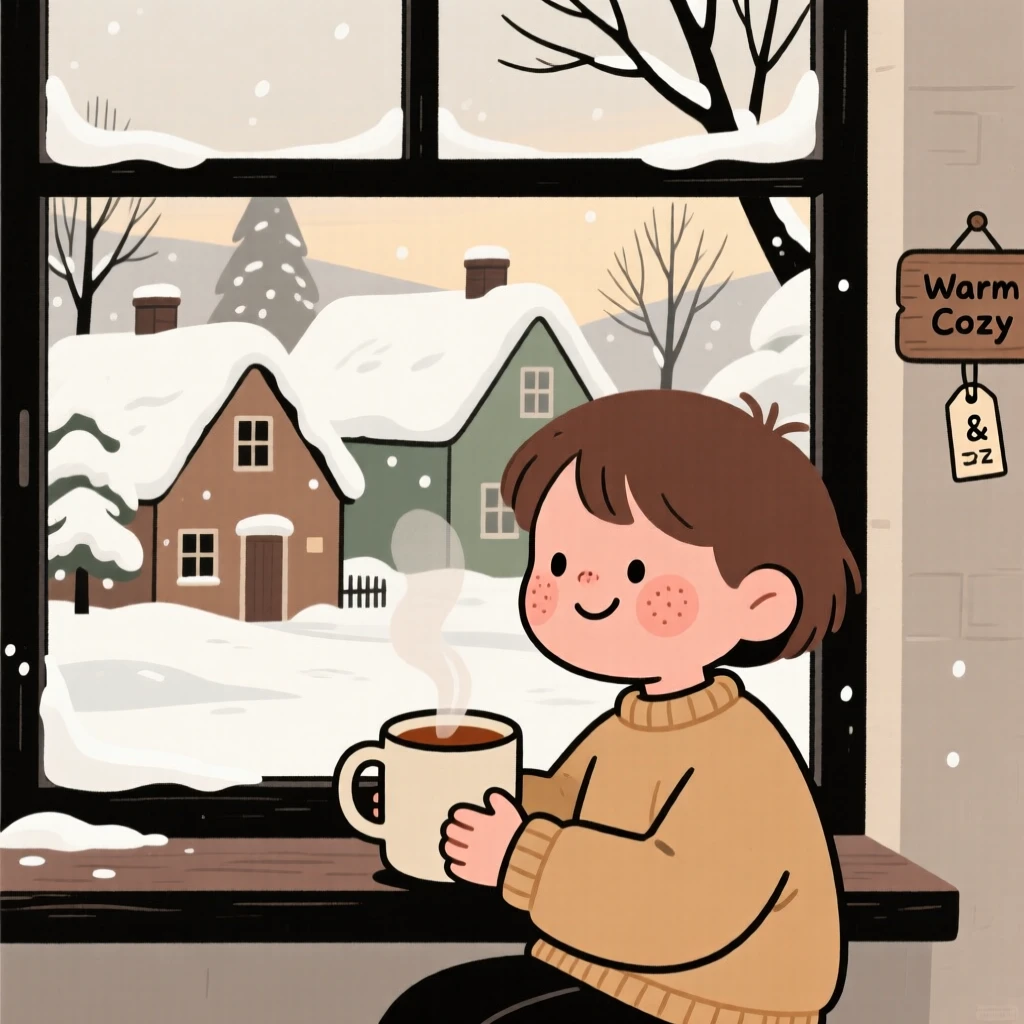 Snow blankets a row of cottage rooftops while a child watches from a frosted window, a mug of warm tea warming their hands.