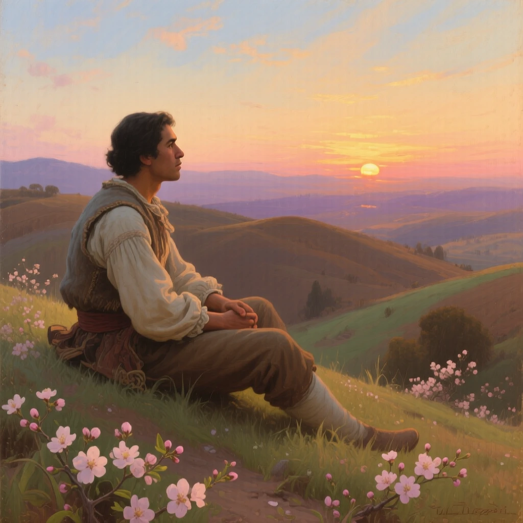 An intimate close-up of a lone figure sitting on a hilltop, watching the sunset in quiet reflection, in colonial Mexico, as spring blossoms open.