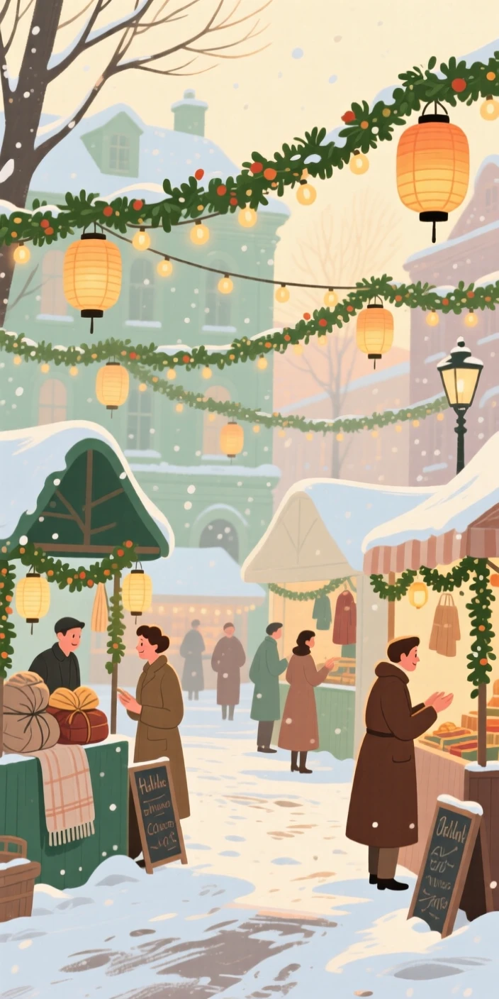 A winter market square strung with lanterns and garlands