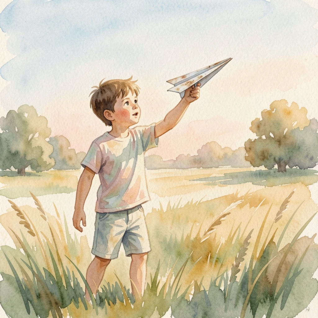 A little boy flying a paper airplane on a warm sunny afternoon.