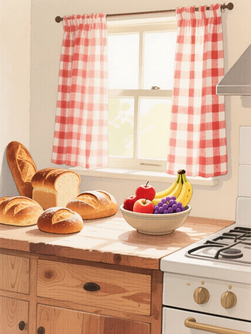 A rustic kitchen counter filled with fresh bread, a bowl of ripe fruit, and morning light streaming through gingham curtains