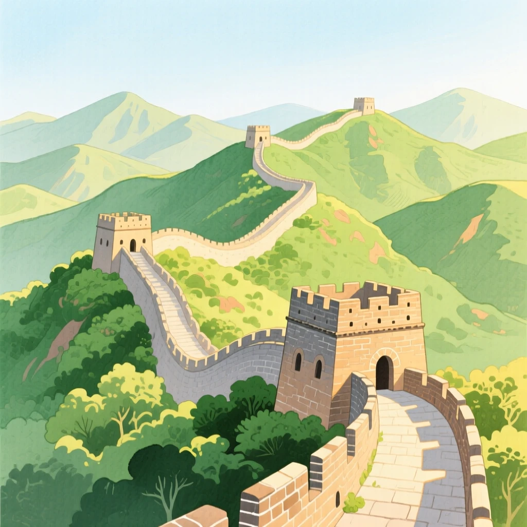 The Great Wall winding across green mountain ridges, glowing in warm afternoon light.