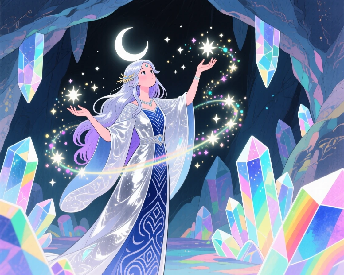 A moon priestess casting a spell that fills the air with sparkling light, in a crystal cave shimmering with rainbow light, brimming with enchantment and discovery.