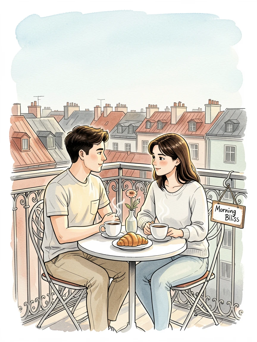 A young couple sharing a quiet breakfast on a sunlit balcony overlooking the rooftops, gentle expressions capturing a fleeting, genuine moment.
