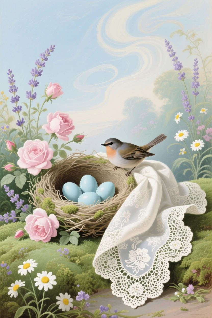 A bird nest with blue eggs beside wildflowers and a lace handkerchief  