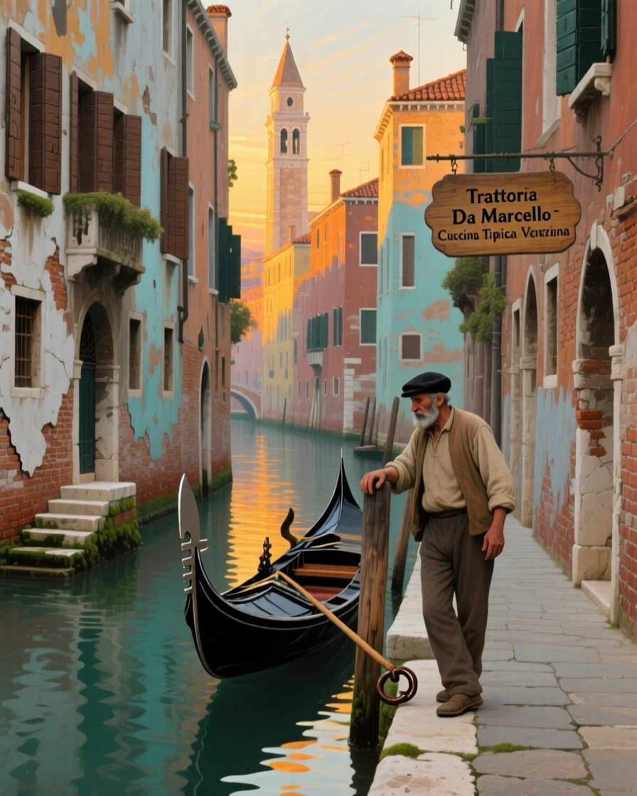 A quiet Venetian canal lined with colorful centuries-old buildings, as the last light of day catches the tops of towers and rooftops, evoking a strong sense of place, history, and atmosphere