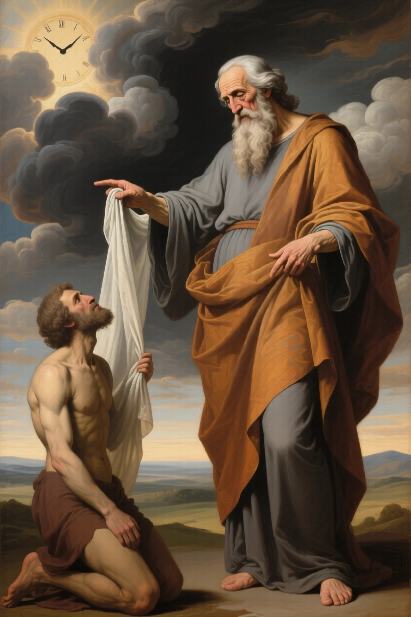 Father Time revealing a hidden truth to a kneeling mortal as light and shadow embody opposing truths, set amid swirling clouds suspended between earth and sky, with contrasting elements of darkness and radiance framing the scene; supporting figures orbit the central allegory like planets around a sun, suggesting hope, transformation, and the endurance of the human spirit.