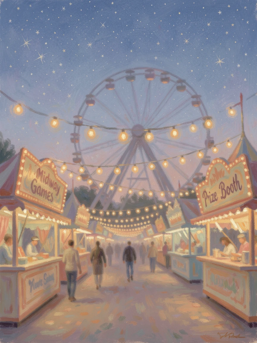 A vintage carnival midway lit with glowing bulbs and the silhouette of a towering Ferris wheel, under a canopy of stars.