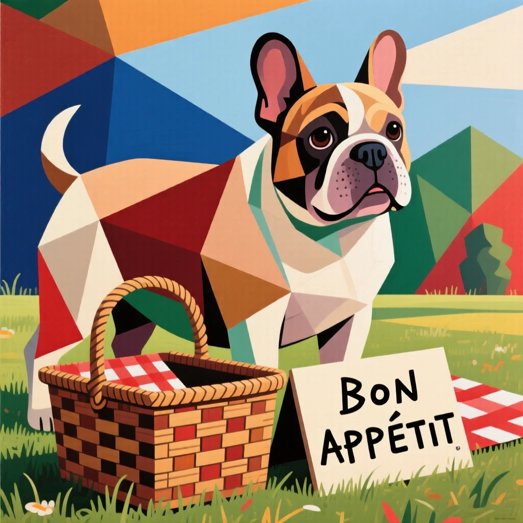A charming portrait of a chubby french bulldog wagging its tail beside a picnic basket, on a lazy afternoon.