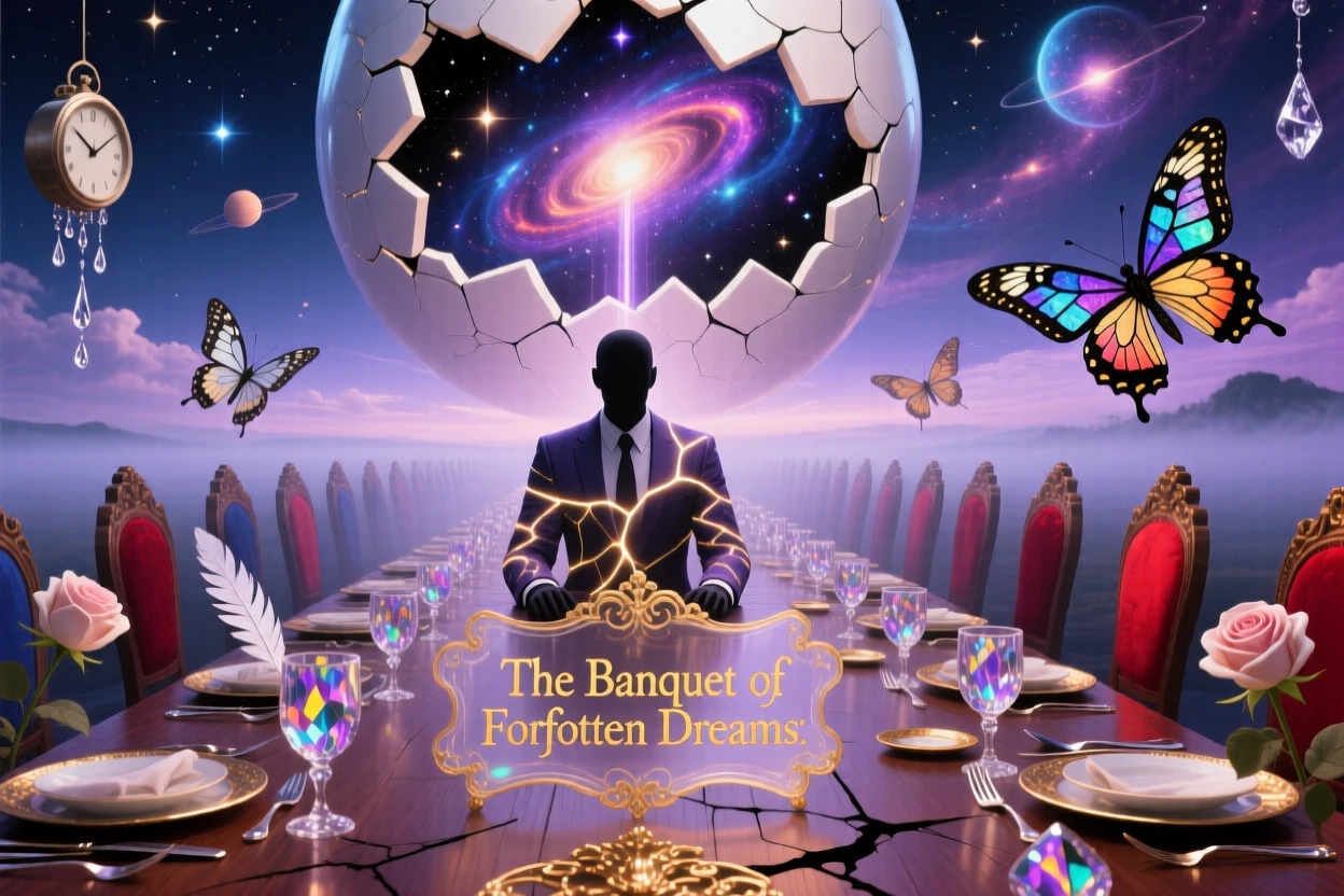 A figure sitting alone at a table set for a hundred guests gazes upward at a sky splitting open like an eggshell, as light spills from the seams of their clothing.