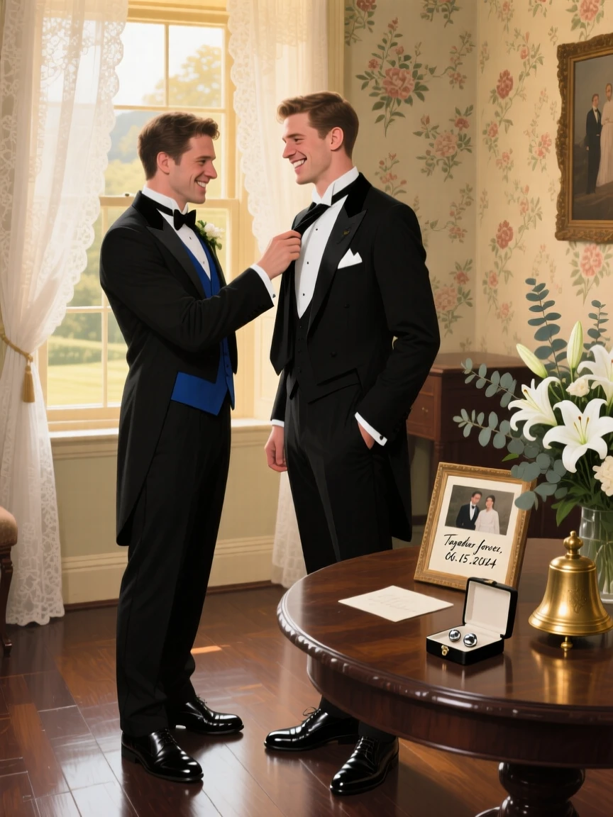 A groomsman helps straighten his best friend's tie moments before the ceremony begins, both sharing a nervous, excited smile, their surroundings offering subtle clues about culture, place, and the moment being lived.