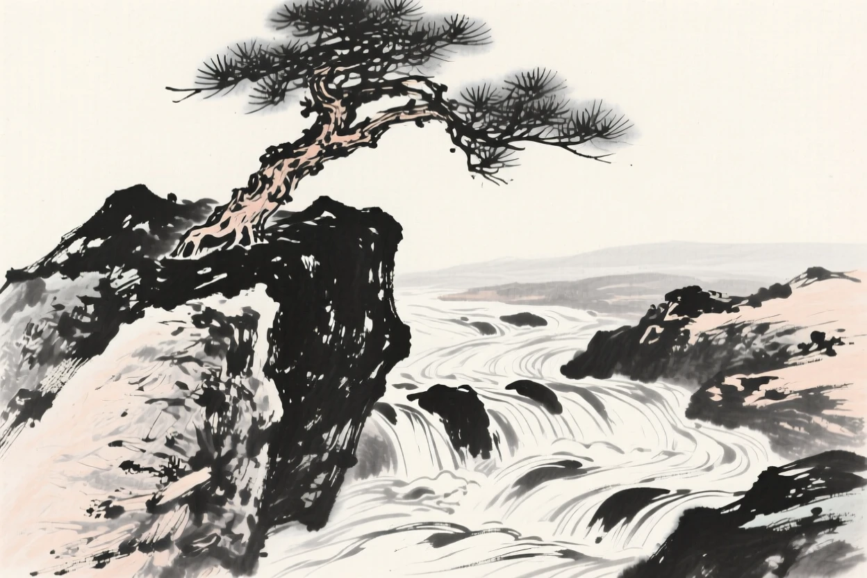 A pine tree clings to a boulder beside a rushing mountain stream, with the sound of distant water echoing off the rocks.