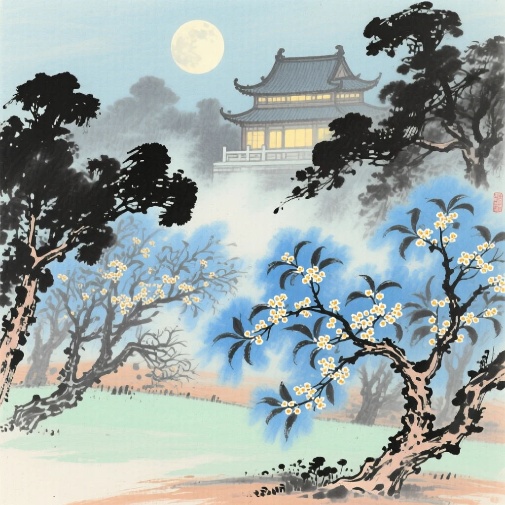 The moon palace glowing softly above a garden of frozen osmanthus trees, in the soft light of late afternoon, brimming with peaceful contentment.