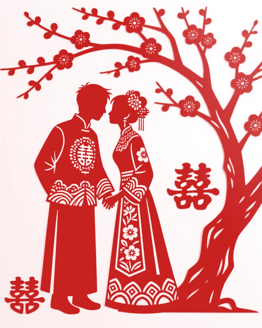 A newlywed couple standing beneath a blossoming tree, foreheads touching, hands intertwined