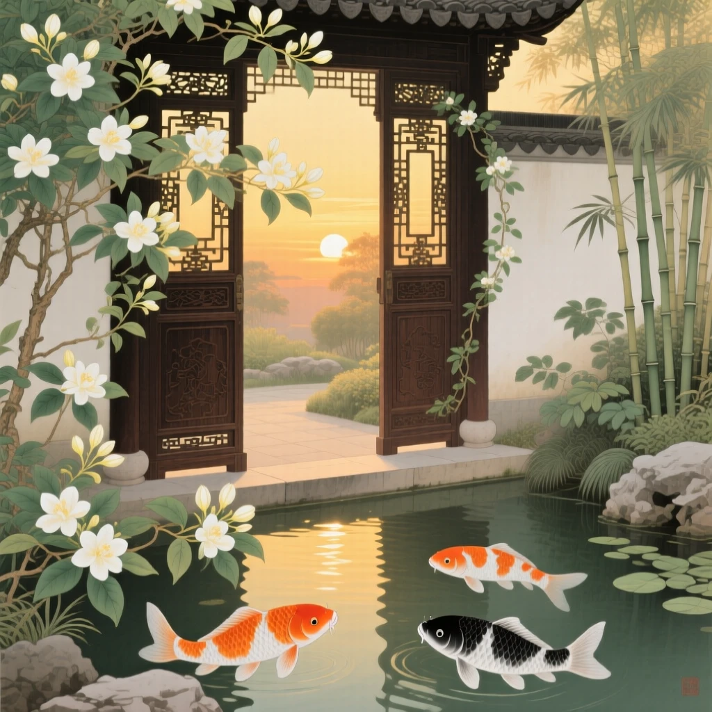 Jasmine vines wrapped around a garden gate beside a koi pond at golden hour