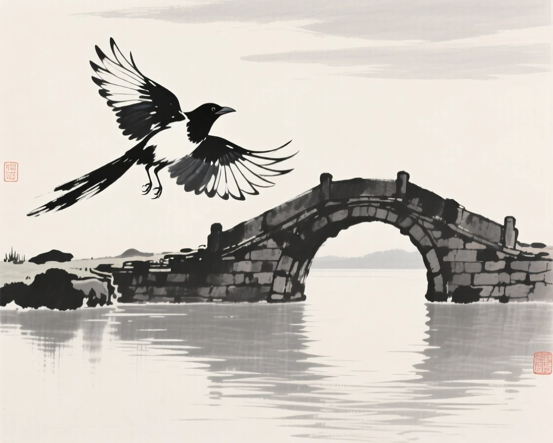 A magpie taking flight over a still lake near an old stone bridge, seen up close with delicate feather detail, conveying serenity and effortless movement.