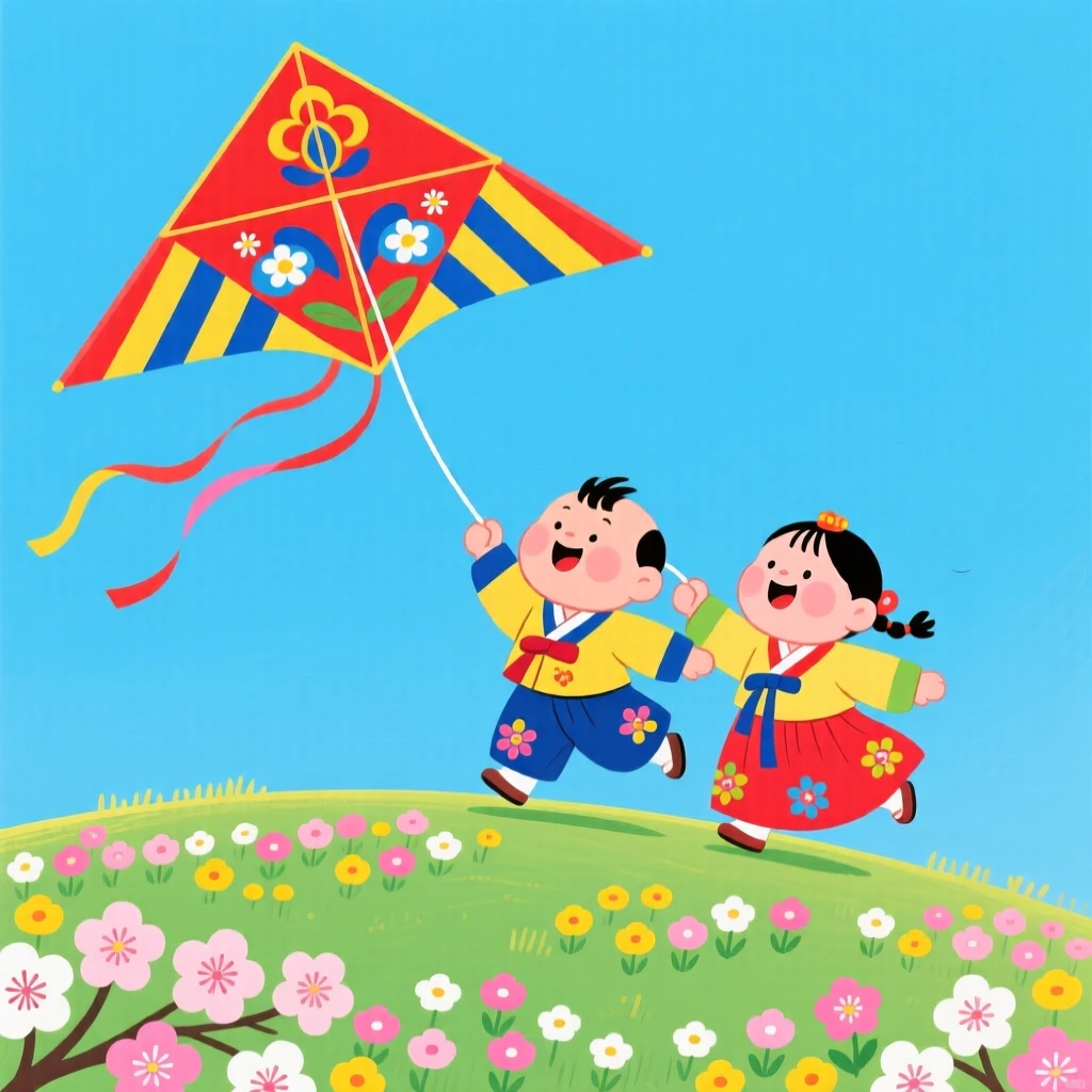 Children flying a kite on a hilltop, during the first spring bloom.