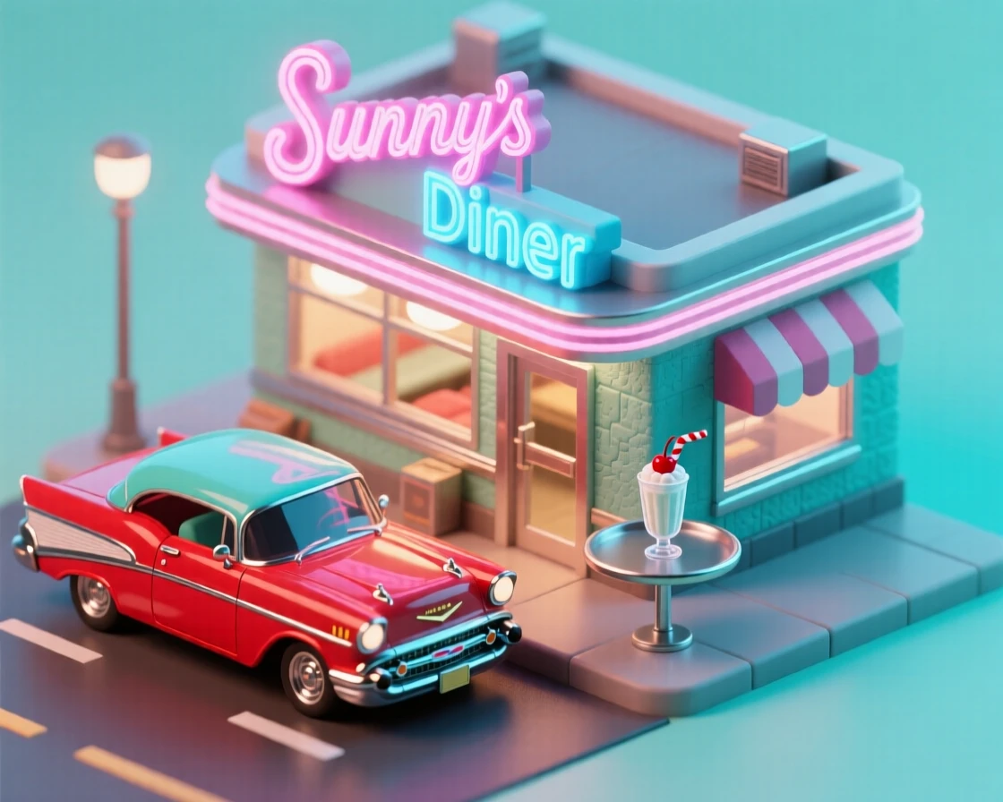 A colorful hot rod car parked at a 1950s diner, chrome gleaming under neon lights, and a milkshake resting on a nearby tray table.