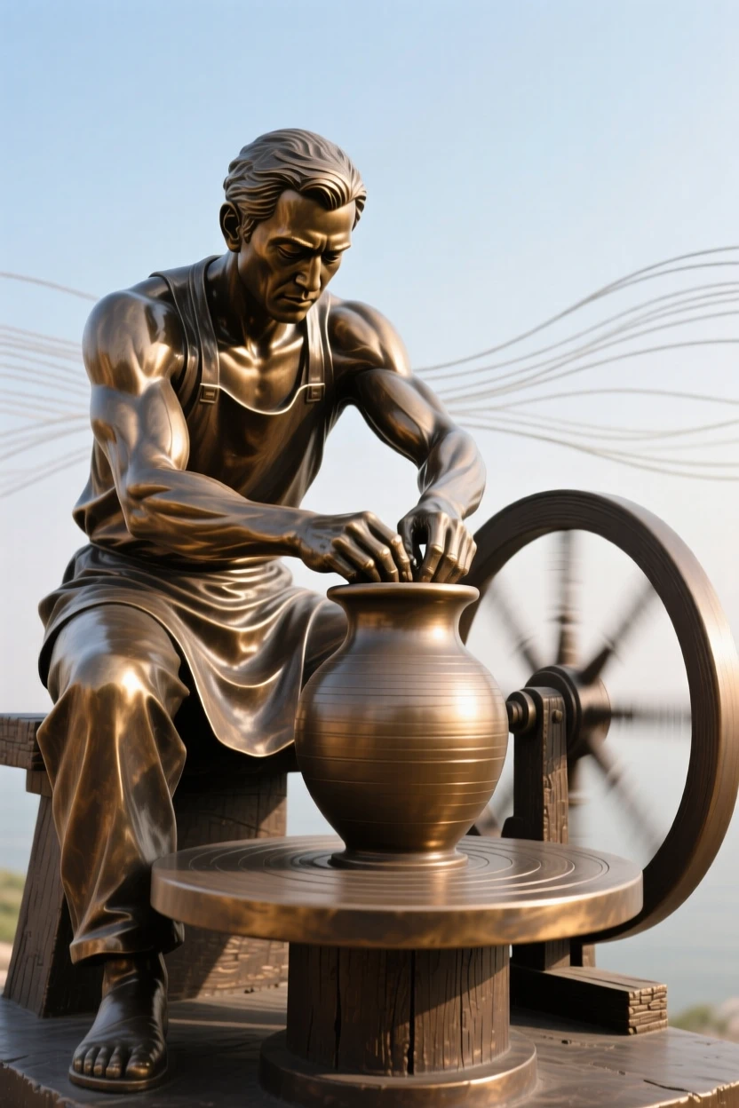 A potter shaping clay on a spinning wheel, set against a vast, open sky, forming a strong central focal point