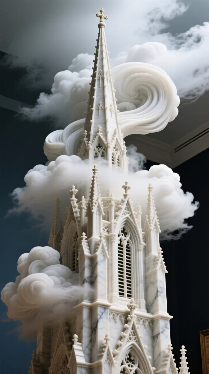 A striking, atmospheric depiction of a Gothic cathedral spire piercing the clouds, showcasing timeless elegance and grandeur