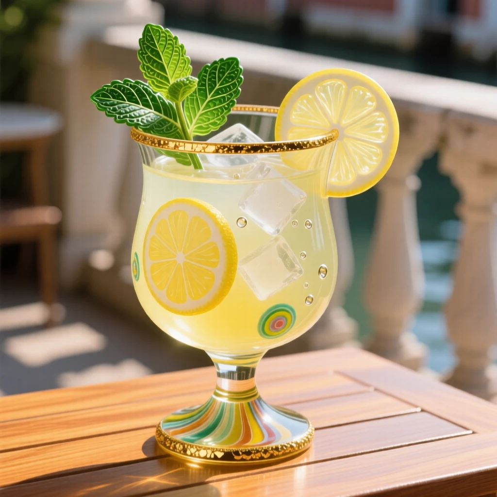 A glass of fresh lemonade with mint garnish on a sunny porch table, refreshing and cheerful.