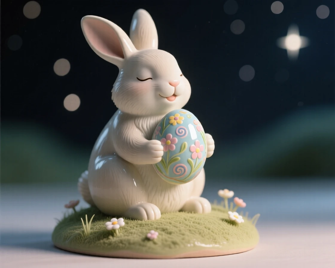An Easter bunny cradling a decorated egg captured mid-celebration with joyful energy, glowing softly under a starlit sky, evoking festive joy and warm togetherness.