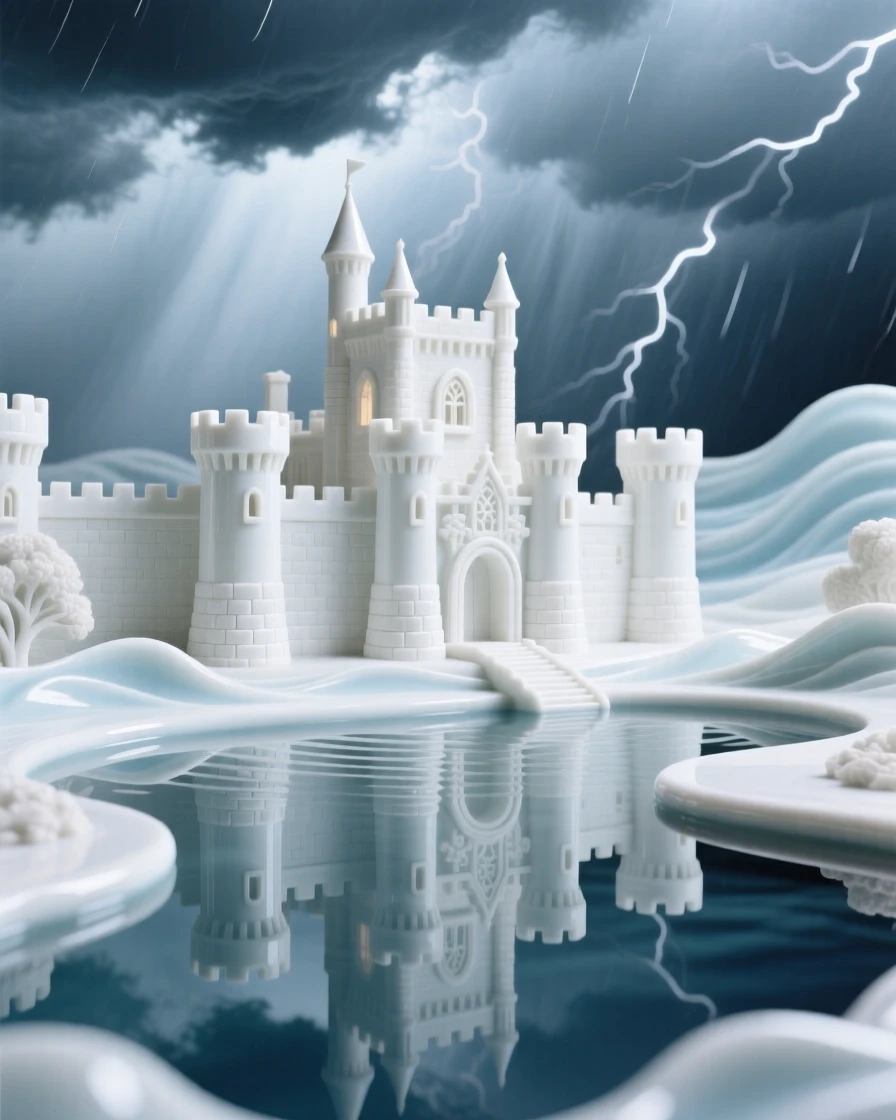 A storm-lit castle reflected in a still moat, framed by a dramatic sky.