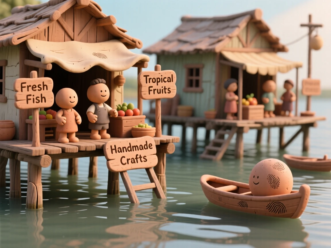 A floating market village built on stilts above calm water