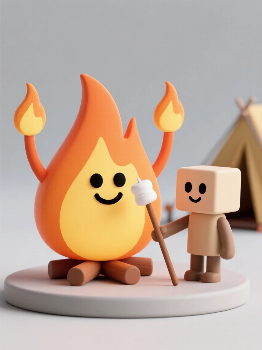 A cheerful campfire character with flickering flame arms roasts a marshmallow for a delighted camper.