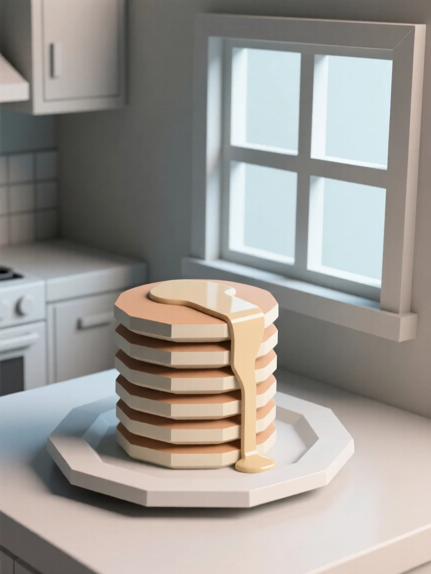 A stack of golden pancakes drizzled with syrup, beside a sunlit kitchen window. vibrant colors are enhanced by careful arrangement. A cozy, relaxed feeling fills the scene.