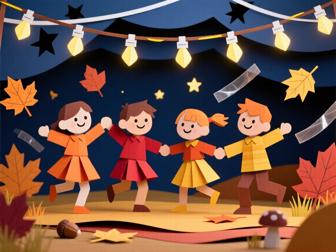 A group of childhood friends dancing beneath string lights at an evening festival, with autumn leaves drifting past, capturing carefree, memorable joy.