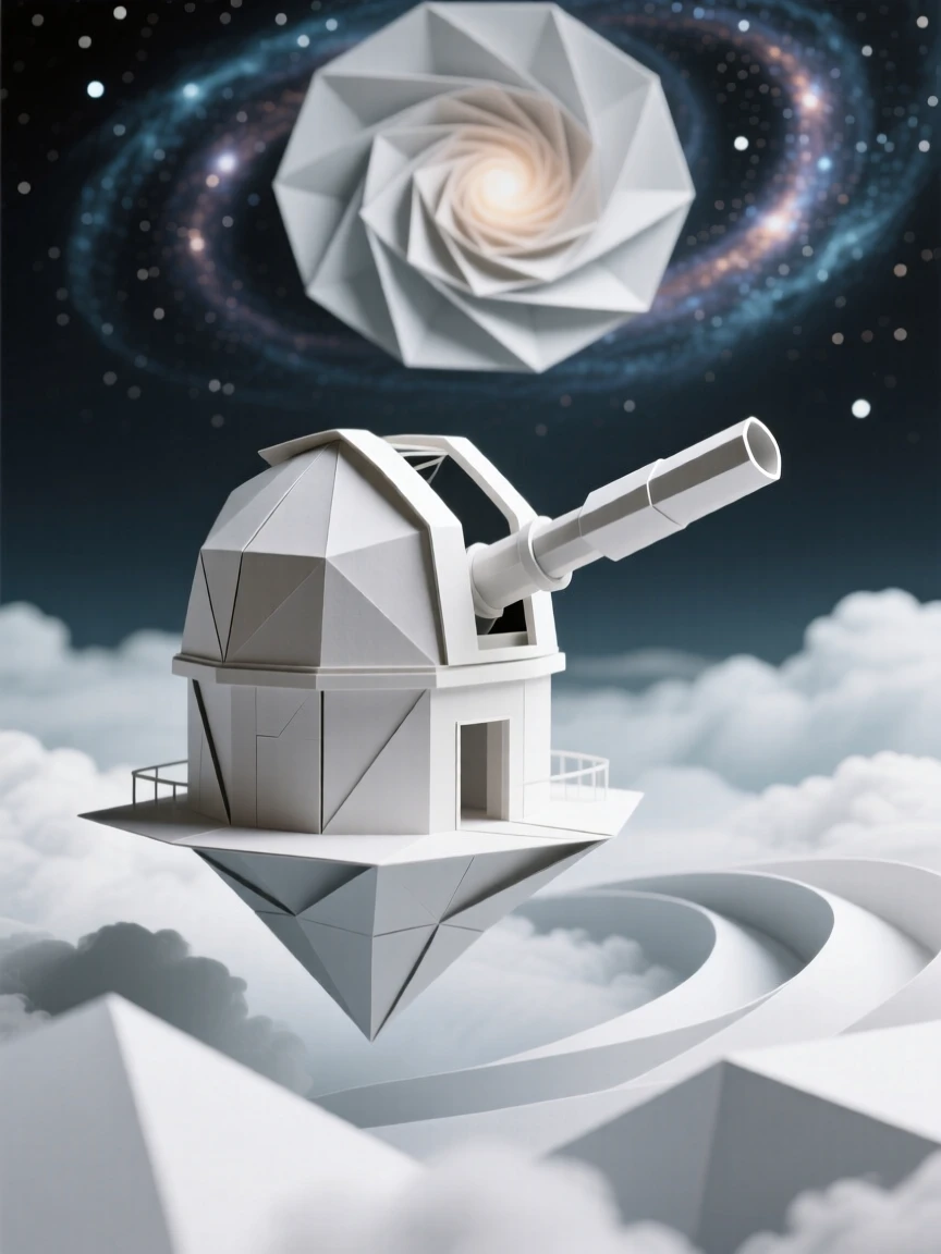 A floating observatory drifting above the clouds, its telescope pointed at a swirling nebula.