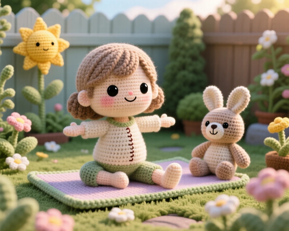 A tender everyday moment: a little girl practicing yoga on a small mat with a calm, focused expression, holding a gentle stretching pose inside a small backyard garden in the late afternoon; a favorite well-loved stuffed toy completes the scene, full of quiet, unhurried domestic peace.