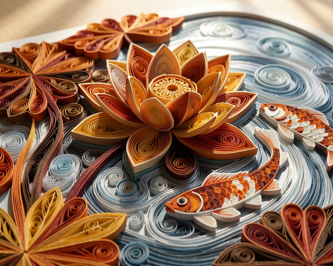 A serene botanical study of a single blooming lotus flower on still water beside a tranquil koi pond, in warm autumn hues of amber and rust, shot from a low angle looking up toward the light.