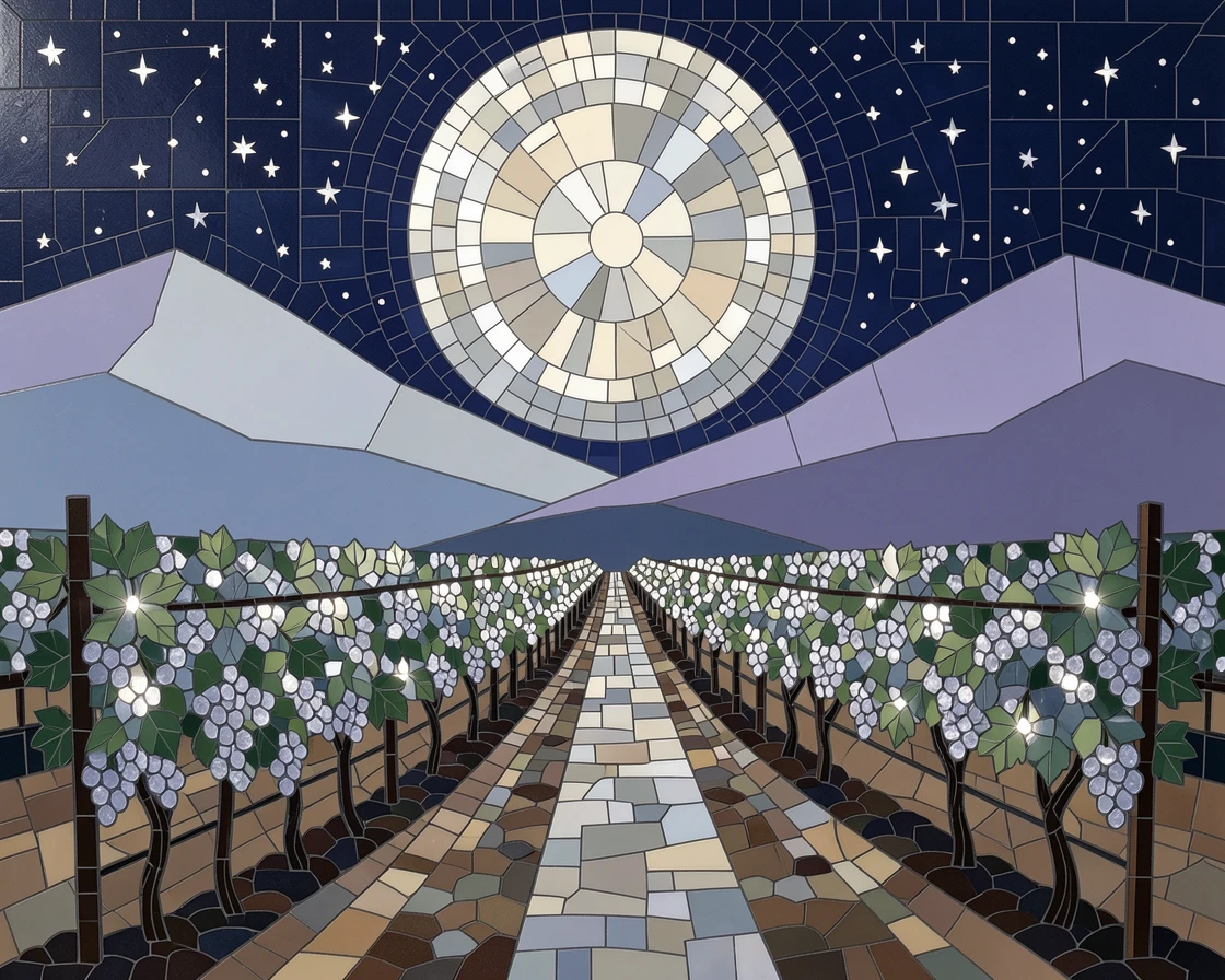 A quiet moonlit vineyard with rows of vines glowing silver.