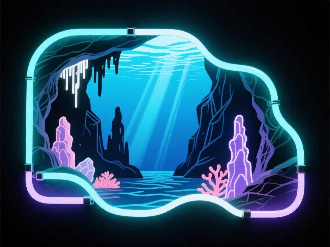 An underwater cave illuminated by shafts of light from above.