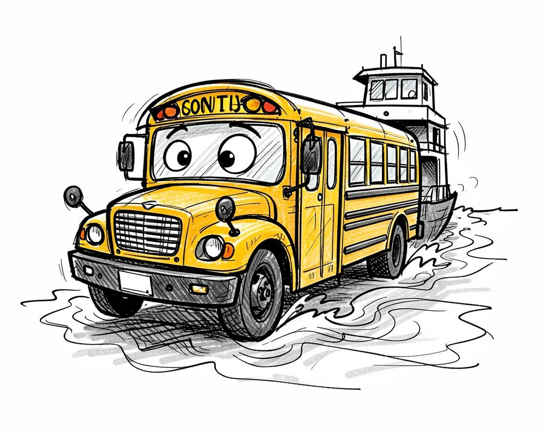 A cheerful yellow school bus crossing a river on a ferry route.