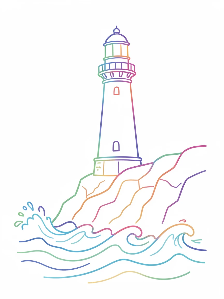 A lighthouse standing tall on a rocky cliff as waves crash below.