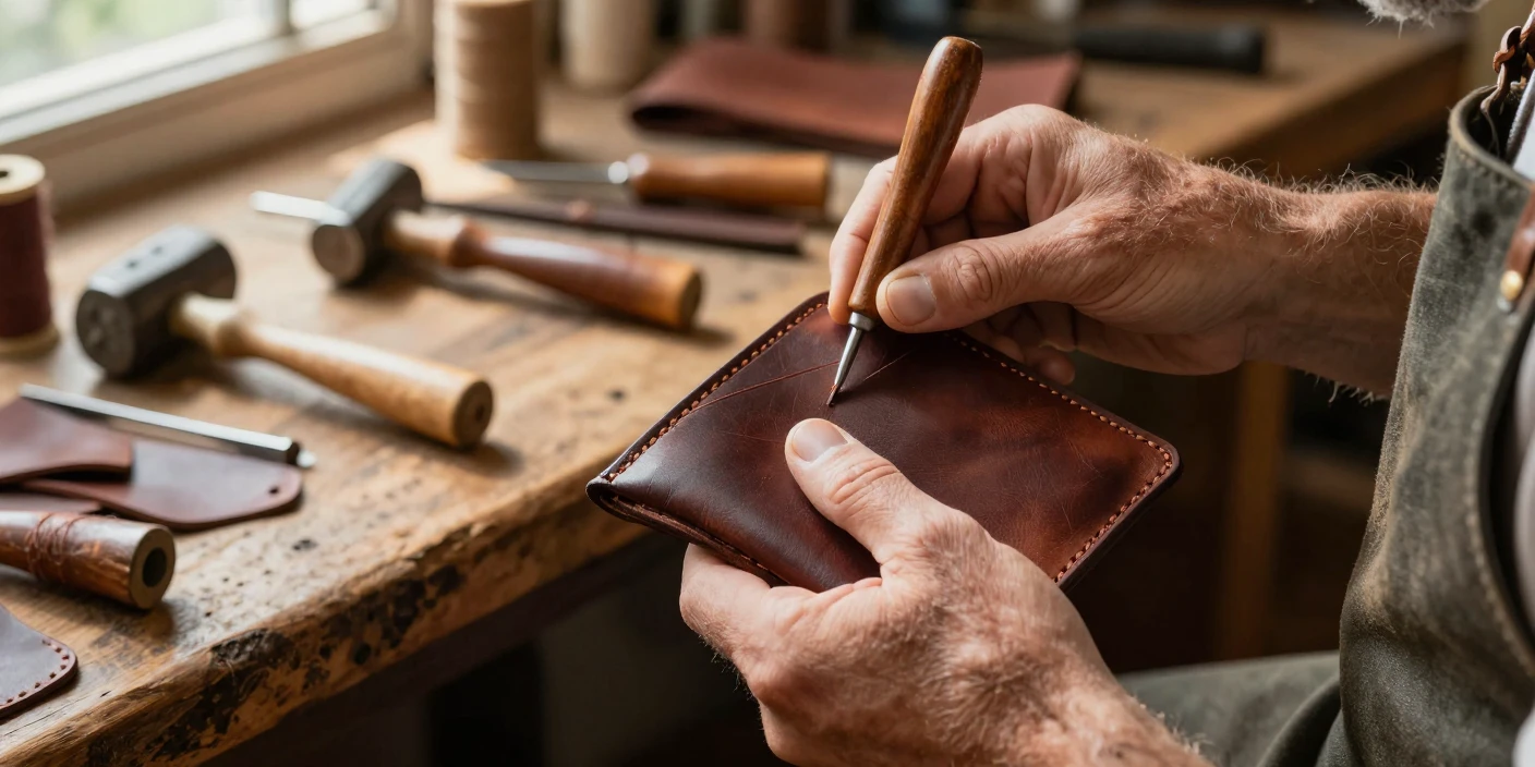 A leatherworker stitching a handcrafted wallet