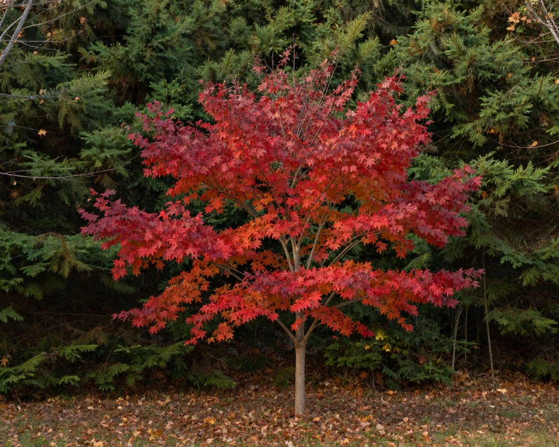 A single red maple tree stands vivid against a backdrop of evergreen forest.