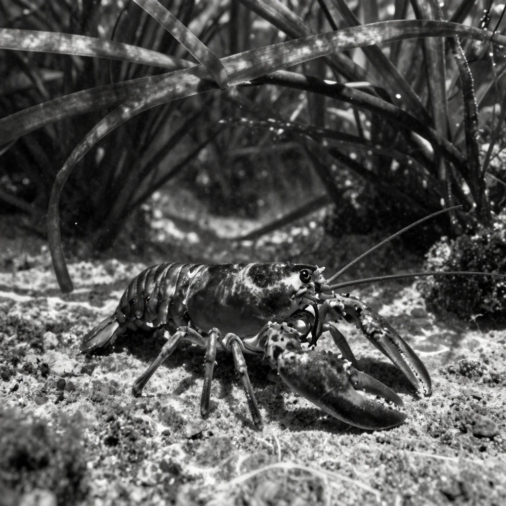 A lobster scuttles across the ocean floor beneath a kelp canopy.