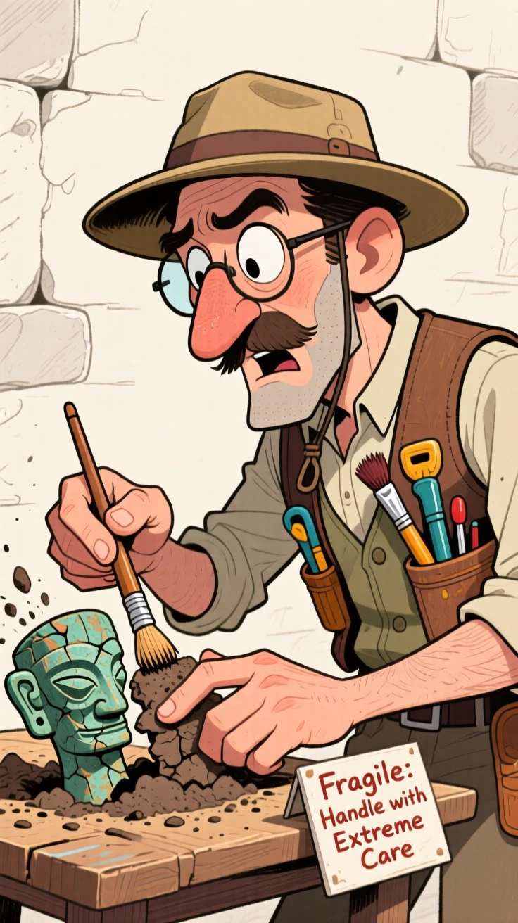 An archaeologist brushing dirt off an ancient artifact with careful precision.