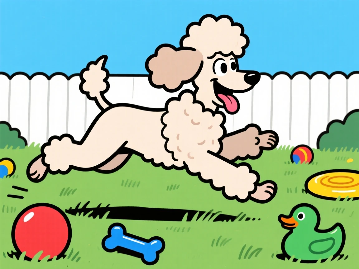 A playful pet moment featuring a proud show poodle sprinting joyfully across a grassy backyard, surrounded by scattered toys.
