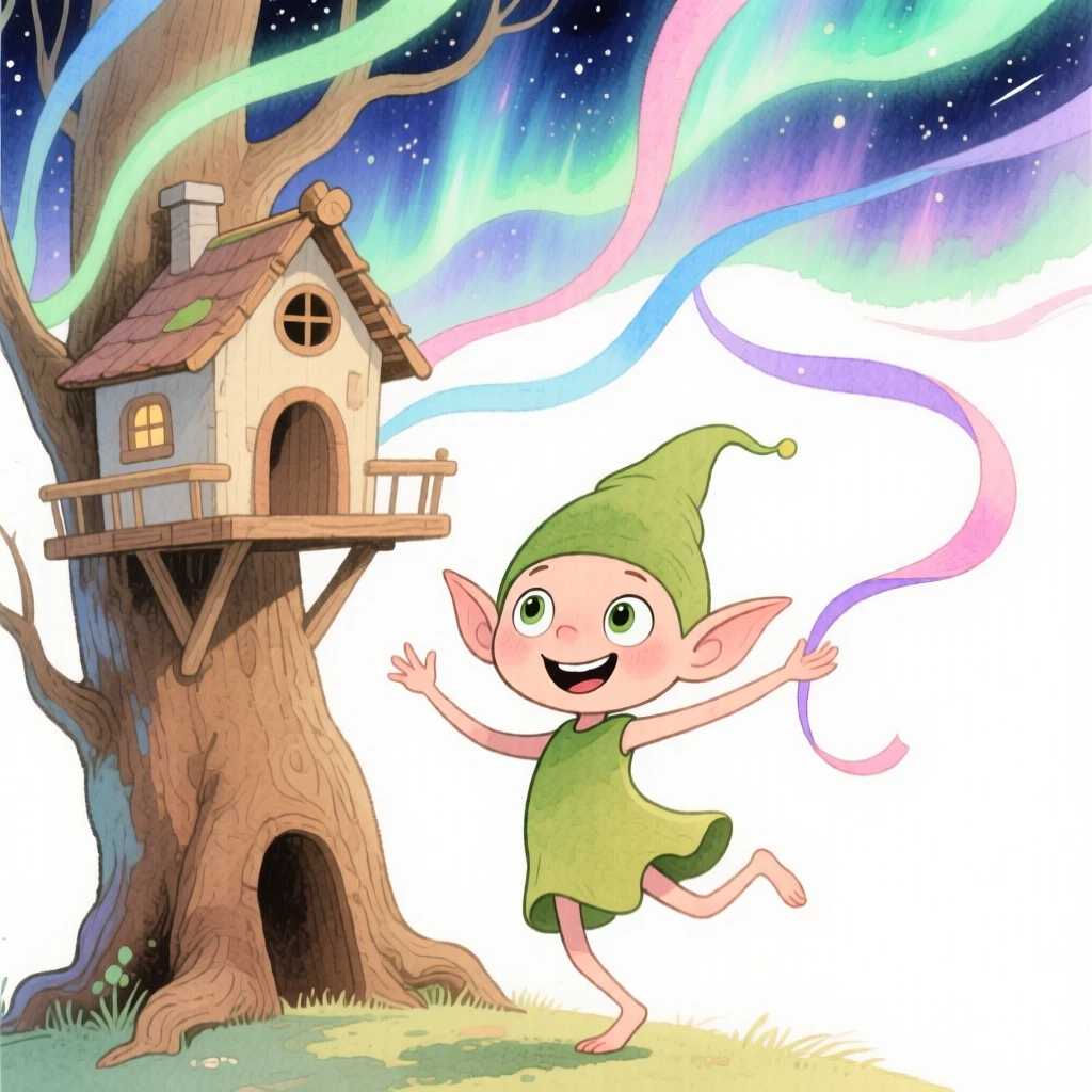 A treehouse-dwelling sprite dancing with ribbons of northern lights overhead