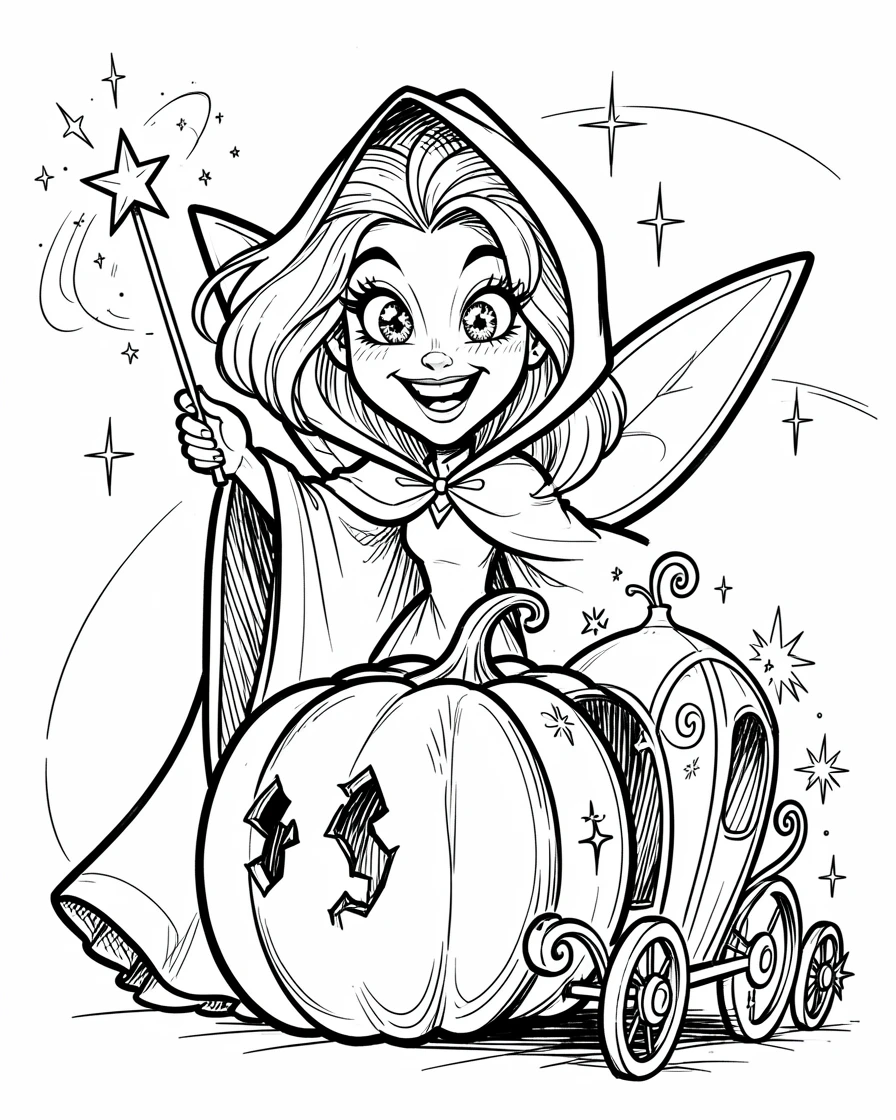 [Fantasy & Imaginative Scenarios] Imaginative fantasy scene of a fairy godmother waving a wand to transform a pumpkin into a carriage, brimming with wonder