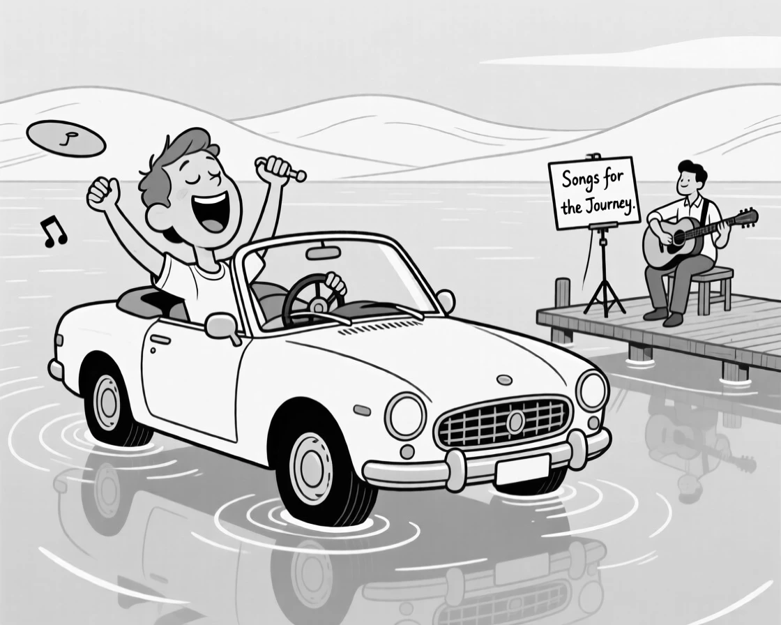 A road-tripper singing loudly with the windows down, drumming on the steering wheel to the beat, set floating on a calm, glassy lake. A street musician plays gently in the background. It's a joyful tribute to the thrill of travel and discovery.