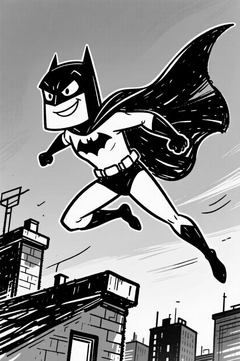 A superhero in a flowing cape landing dramatically on a city rooftop at dusk.