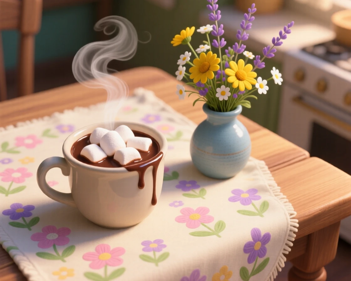 A steaming mug of hot chocolate topped with marshmallows sits on a tablecloth decorated with fresh flowers, with a small vase of wildflowers nearby. The setting feels relaxed and satisfying.