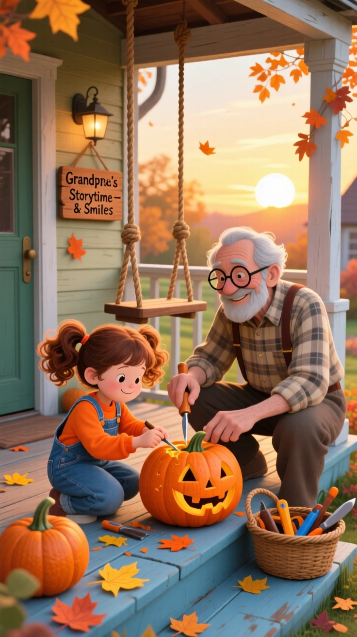 A little girl in overalls spends the afternoon carving a jack-o'-lantern on the porch with his grandfather, while the porch swing creaks gently.