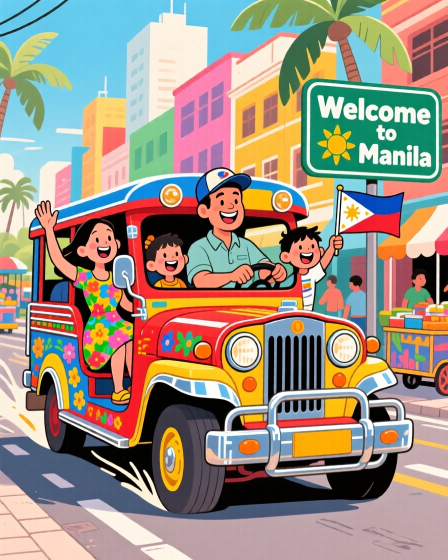 A family in the Philippines riding a colorful jeepney through the city.